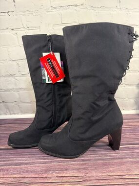 AquaCanada 9.5 Wide Waterproof Tall Boots 3" Heel Black Mid-Calf Heeled Boots